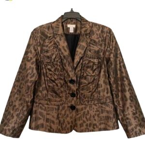Chico's (Size 2/L/12) Brown Animal Print Button Front LS Slip Pocket Blazer Coat